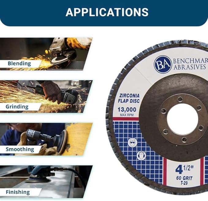 Benchmark Abrasives 4.5" x 7/8" Premium Zirconia T29 Angled Flap Discs 4 1/2 for Angle Grinder, Sanding Discs, Finishing, Rust, Stock Removal- Grinding Wheels 4 1/2 Inch (10 Pack) - 60 Grit - Image 3