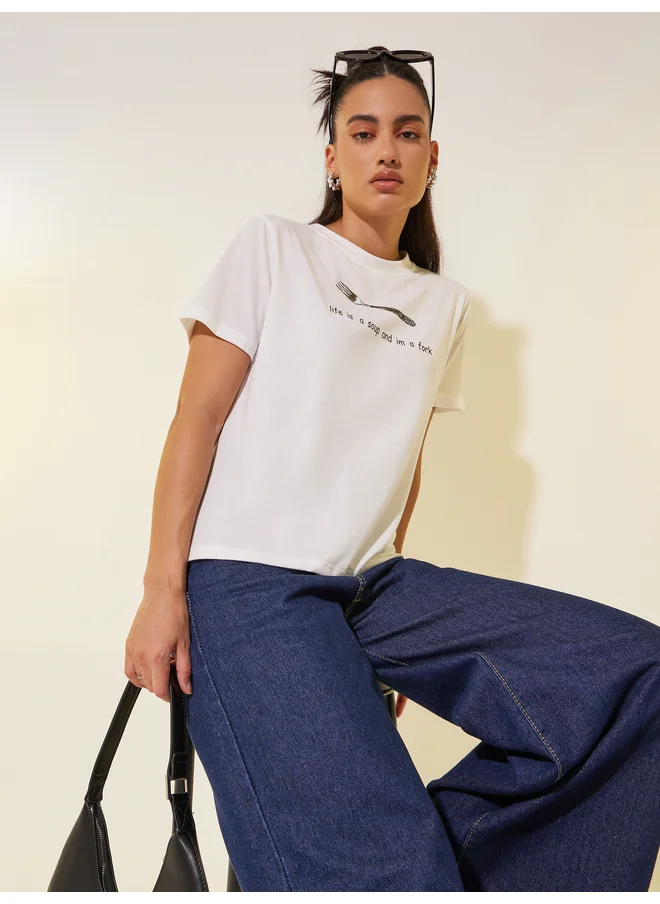 Take Two Take Two Slogan Print Round Neck T-Shirt