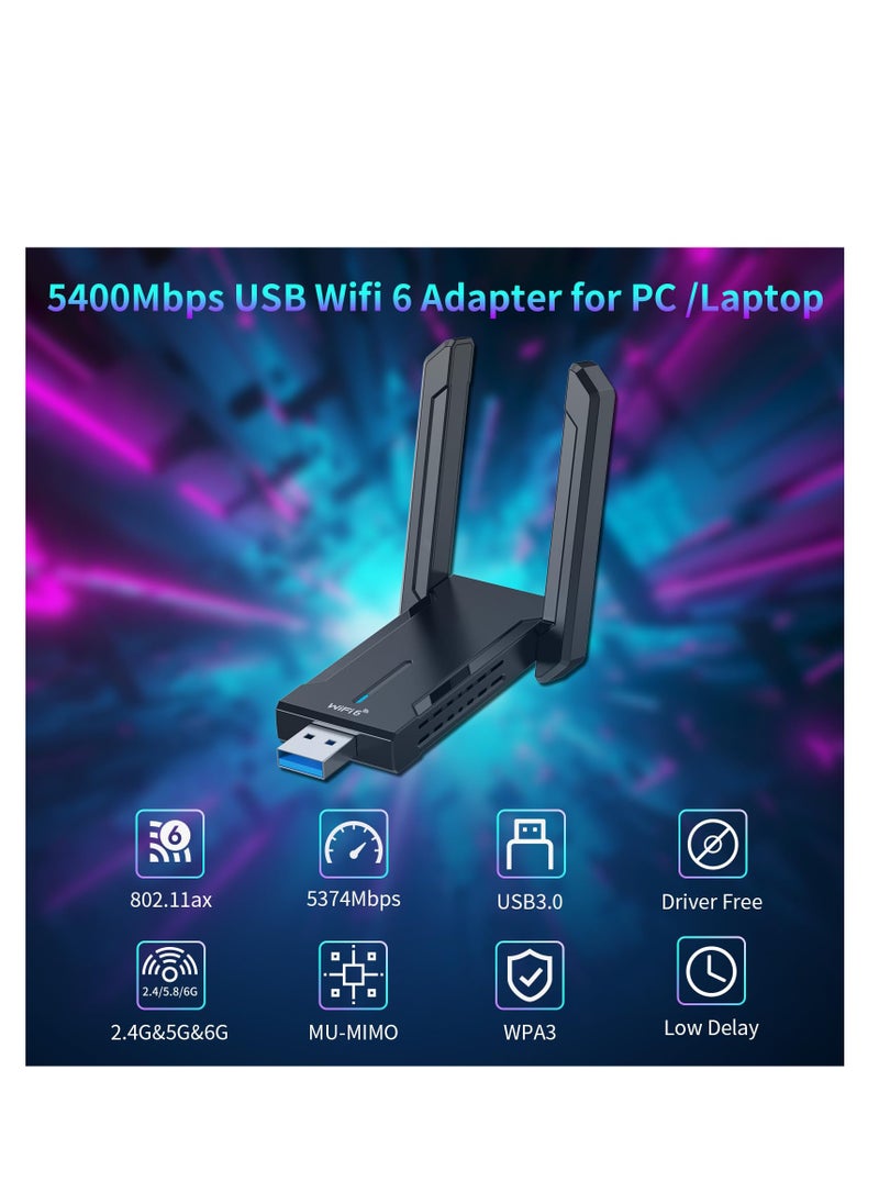 KASTWAVE - 5400Mbps USB WiFi Dongle for PC, High Gain WiFi 6E Adapter, Tri-band USB 3.0 Wireless Dongle 6G/5G/2.4G, Low-Latency Gaming WPA3 WiFi 6 Dongle for Windows 10/11, Usb Wifi Adapter - Image 1