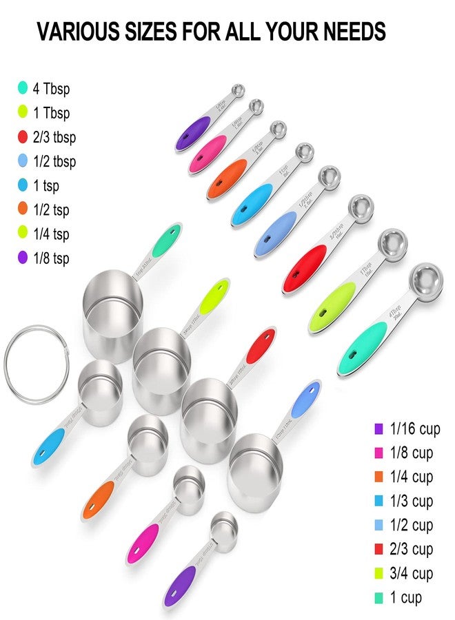 Wildone Stylish Measuring Set by Wildone - 21 Steel Compact Pieces, 8 cups, 8 spoons & 5 mini spoons, Colored Handles, For Dry & Liquid Ingredients - Image 2