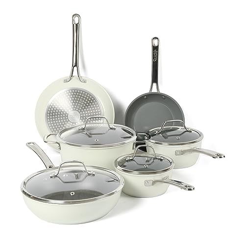 Sur La Table Kitchen Essentials 10 Piece PFA Free Non-Toxic Titanium Ceramic Nonstick Interior Forged Aluminum Cookware Pots and Pans Set - Linen White - Induction Compatible - Image 2