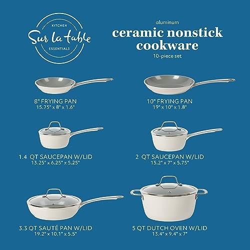 Sur La Table Kitchen Essentials 10 Piece PFA Free Non-Toxic Titanium Ceramic Nonstick Interior Forged Aluminum Cookware Pots and Pans Set - Linen White - Induction Compatible - Image 3