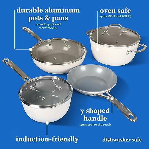 Sur La Table Kitchen Essentials 10 Piece PFA Free Non-Toxic Titanium Ceramic Nonstick Interior Forged Aluminum Cookware Pots and Pans Set - Linen White - Induction Compatible - Image 4