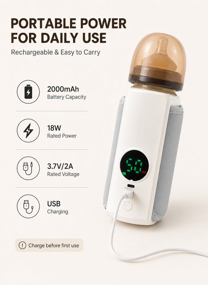 GOGA Portable Baby Bottle Warmer Rechargeable 2000mAh, Cordless Milk Warmer with Digital Temperature Display, 6 Temperature Settings, USB Charging Travel Formula & Breast Milk Warmer for Baby Feeding - Image 2