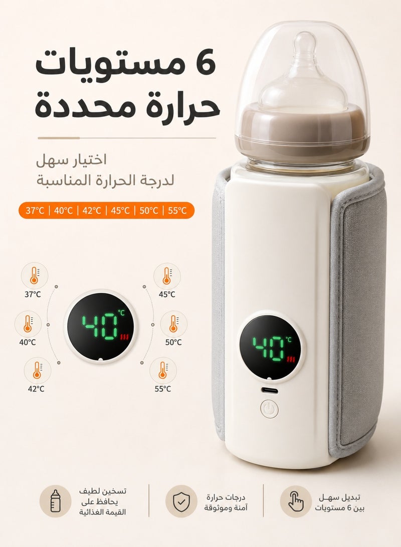 غوغا GOGA مسخن رضاعة محمول قابل للشحن بسعة 2000mAh، مسخن حليب بشاشة رقمية و6 درجات حرارة من 37 إلى 55 درجة مئوية، شحن USB-C وتصميم قابل للتعديل للسفر والمنزل والرضاعة الليلية، أبيض ورمادي - Image 2