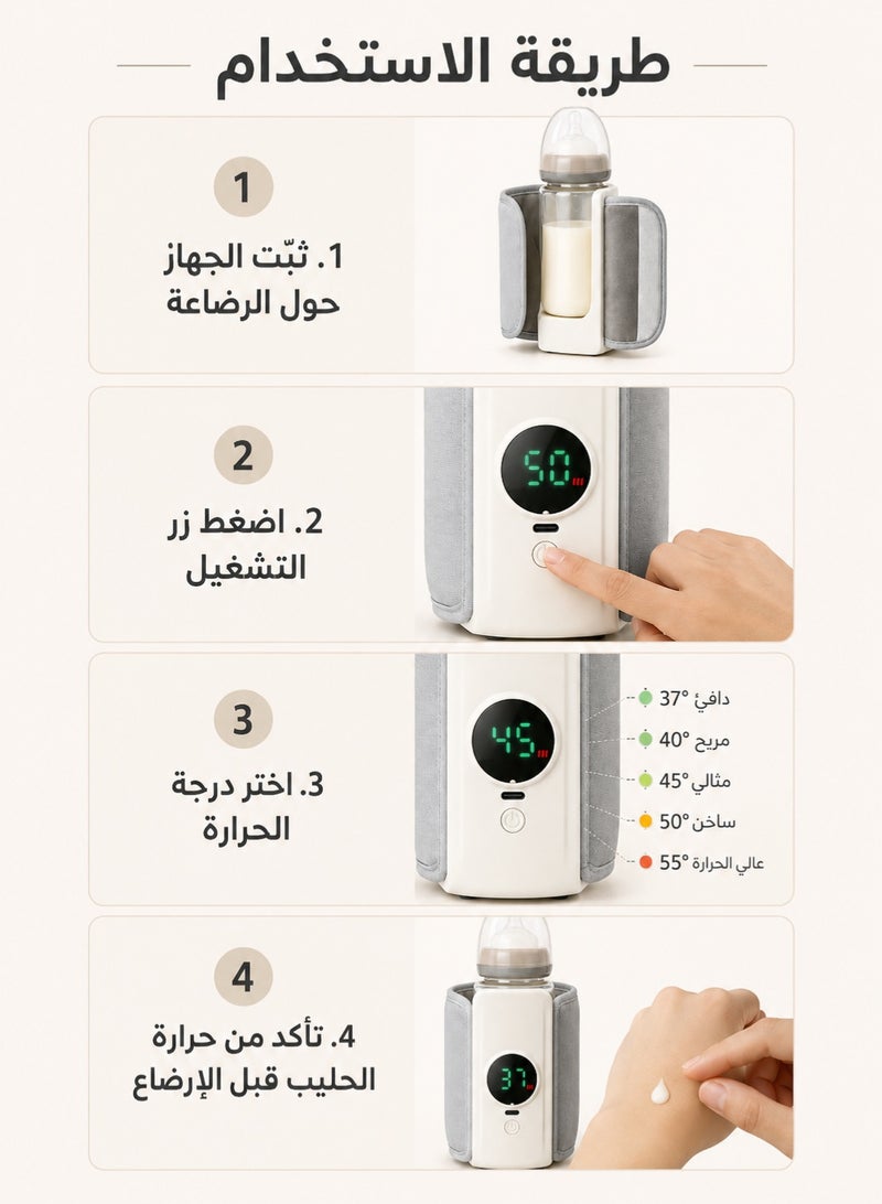 غوغا GOGA مسخن رضاعة محمول قابل للشحن بسعة 2000mAh، مسخن حليب بشاشة رقمية و6 درجات حرارة من 37 إلى 55 درجة مئوية، شحن USB-C وتصميم قابل للتعديل للسفر والمنزل والرضاعة الليلية، أبيض ورمادي - Image 5
