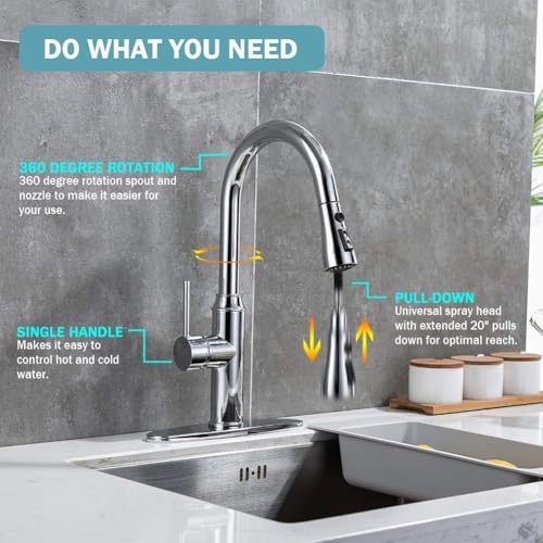 Arofa Kitchen Faucet with Pull Down Sprayer, Chrome Faucet for Kitchen Sink Stainless Steel Kitchen Faucets, Single Handle 1 or 3 Hole Faucet with Escutcheon for RV, Outdoor, Laundry & Utility Room Sink - Image 2