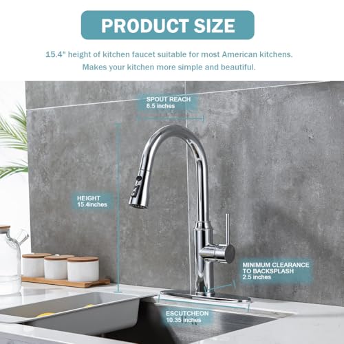 Arofa Kitchen Faucet with Pull Down Sprayer, Chrome Faucet for Kitchen Sink Stainless Steel Kitchen Faucets, Single Handle 1 or 3 Hole Faucet with Escutcheon for RV, Outdoor, Laundry & Utility Room Sink - Image 3