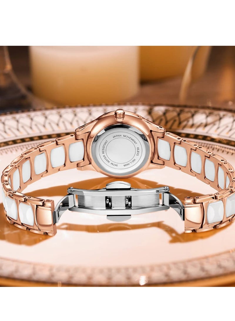 أوليفز ساعة OLEVS النسائية مصممة من السيراميك باللون الذهبي الوردي وملاحظات أنيقة عصرية فاخرة وتاريخ 3ATM مقاومة للماء ساعة كوارتز خضراء مضيئة - Image 3