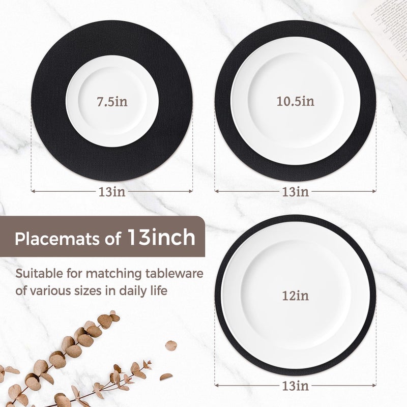NCUE 13" Round Placemats Set of 6, Reversible Faux Leather Heat Resistant Table Mats, 100% Waterproof Oilproof Wipeable Table Protective Placemats for Vinyl, Washable for Indoor (6, Black) - Image 2
