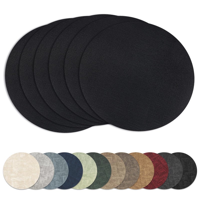 NCUE 13" Round Placemats Set of 6, Reversible Faux Leather Heat Resistant Table Mats, 100% Waterproof Oilproof Wipeable Table Protective Placemats for Vinyl, Washable for Indoor (6, Black) - Image 1