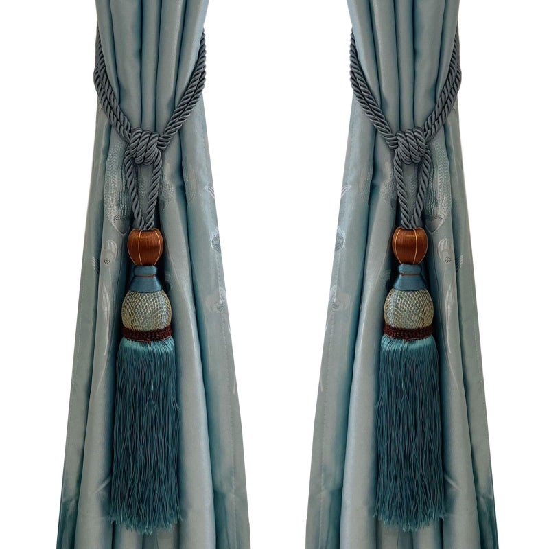 SWTool Selling Wonderful Curtain Holdbacks Curtains Tiebacks Home Decorative Braided Buckle Fastener Accessories Window Drapery Ball Tassels Tiebacks, Set of 2(Light Blue) - Image 1