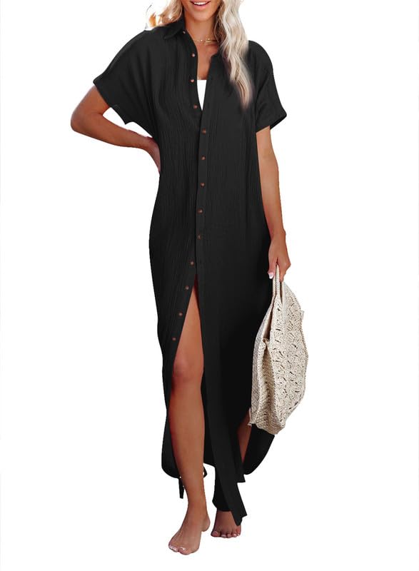 Dokotoo Swimsuit Beach Cover Ups for Women 2025 Vacation Outfits Summer Dresses Button Down Long Kimonos Cardigan Short Sleeve Side Split Casual Solid Loose Fit Fashion Bathing Suit Black Small - Image 1