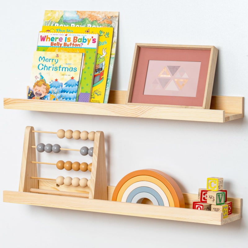 Picture Ledge Shelf for Wall 24 inch Solid Pine Wood Nursery Book Shelves 2 Packs Floating Ledge Shelves for Kids Room Bedroom Bathroom Living Room Photo Frames Office Nursey Wall Decor Natural