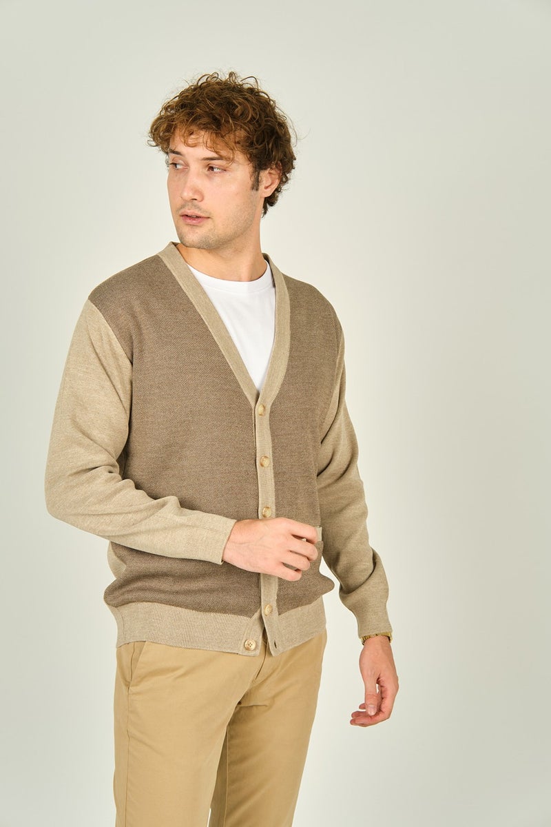 Ateş Triko Ateş Knitwear Men's Pocket Detailed V Neck Wool Cardigan 4490 Beige  - Image 1