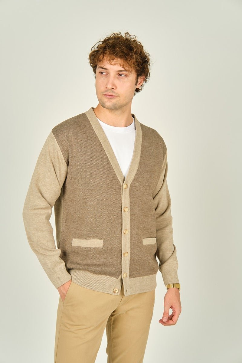 Ateş Triko Ateş Knitwear Men's Pocket Detailed V Neck Wool Cardigan 4490 Beige  - Image 3