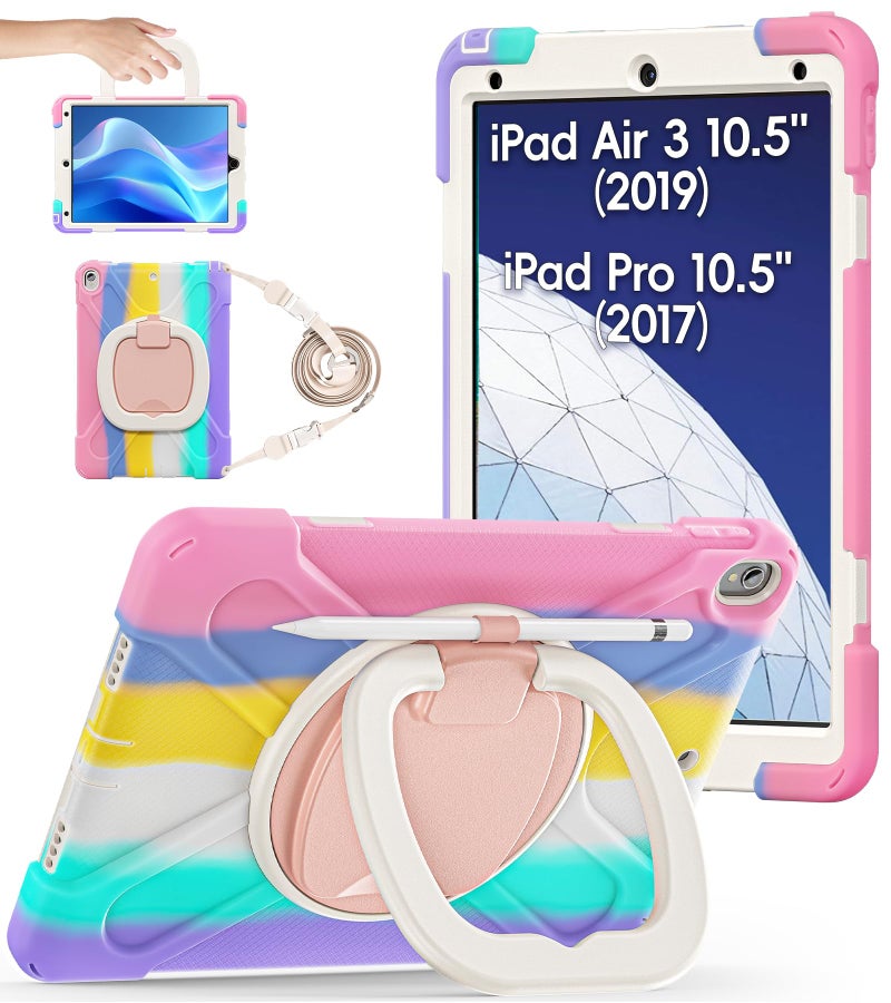 BATYUE iPad Air 3rd Generation Case 2019 Release, iPad Pro 10.5 Case 2017 Released; Rugged Heavy Duty Protective Cover with Pencil Holder, 360Â° Swivel Stand, Shoulder Strap; for Kids (Colourful Pink) - Image 1