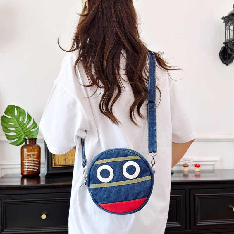 Denim Round Crossbody Bag with Color Blocking - Image 2