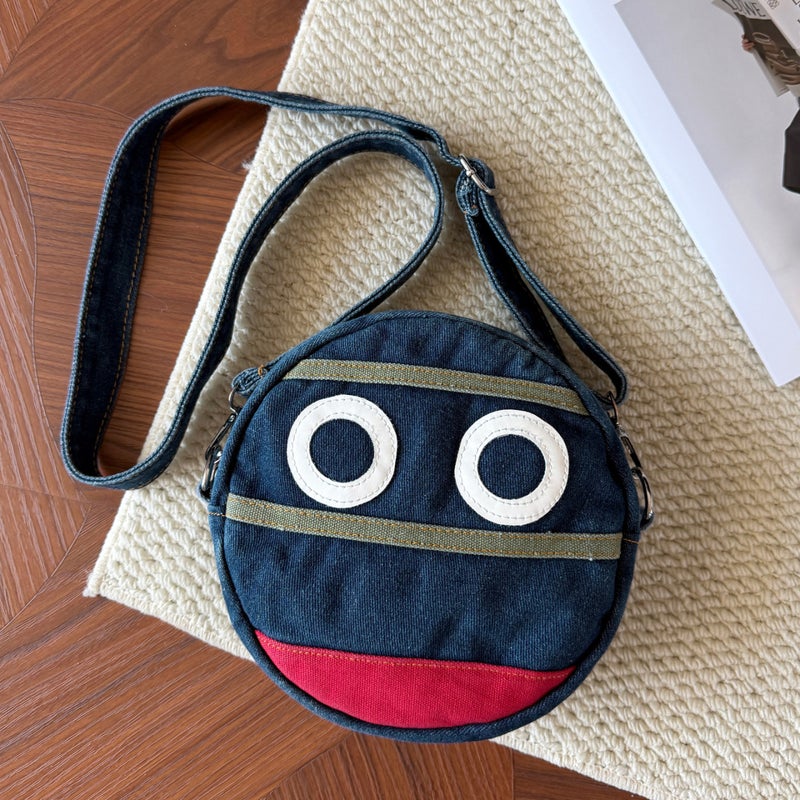 Denim Round Crossbody Bag with Color Blocking - Image 1