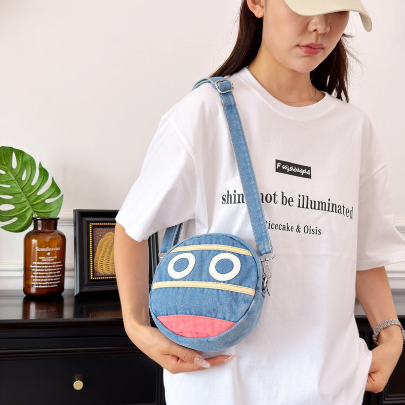 Denim Round Crossbody Bag with Color Blocking - Image 3