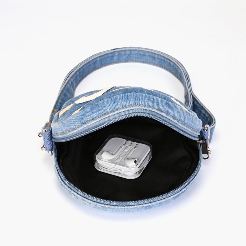 Denim Round Crossbody Bag with Color Blocking - Image 4