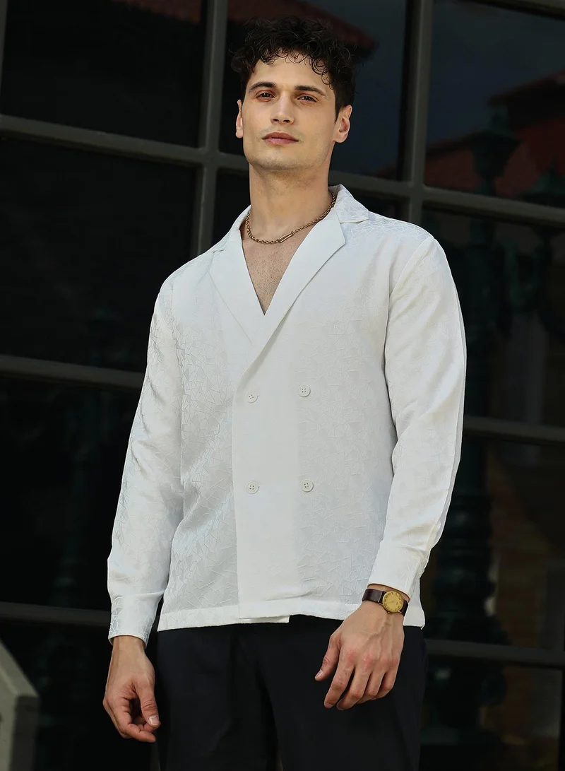 Campus Sutra Campus Sutra Men's Daisy White Double-Breasted Moziac Shirt For Casual Wear | Lapel Collar | Long Cuffed Sleeves | Button Closure | Shirt Crafted With Comfort Fit For Everyday Wear