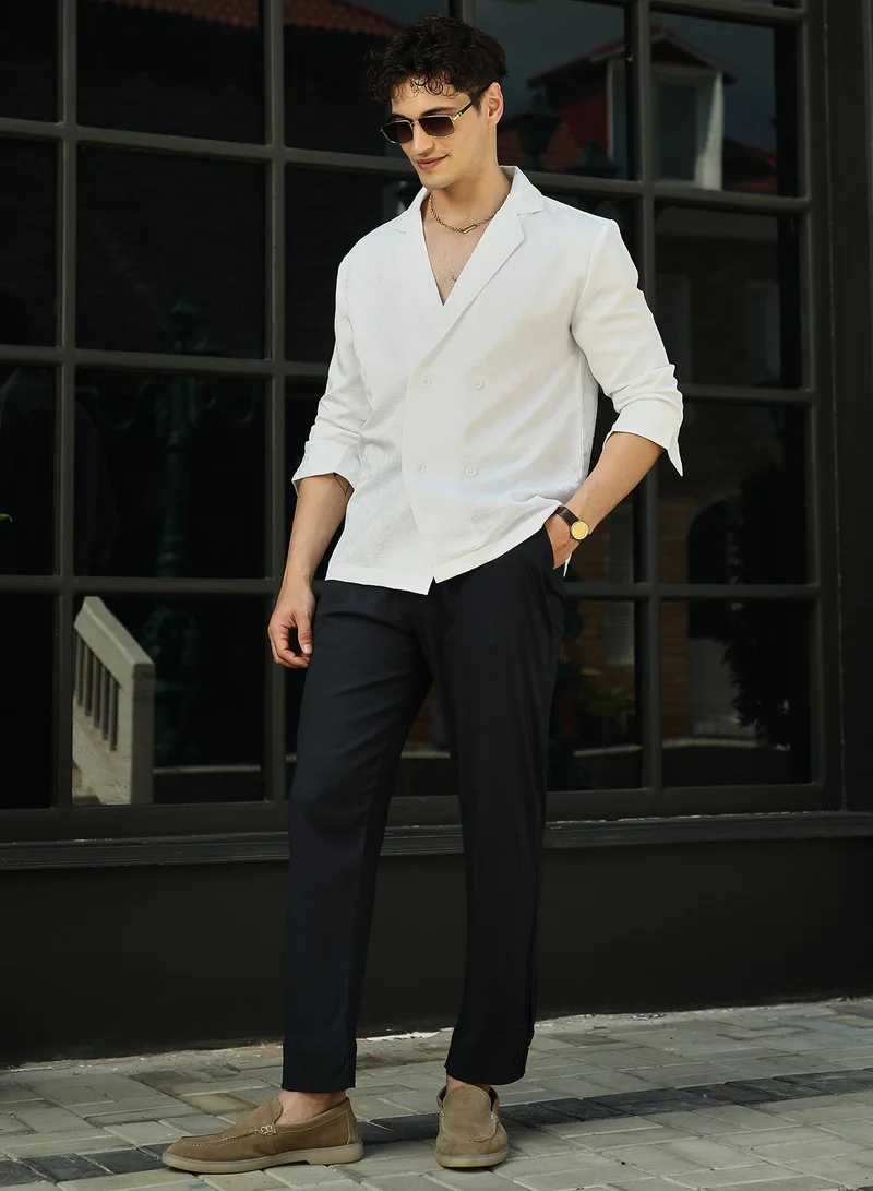 Campus Sutra Campus Sutra Men's Daisy White Double-Breasted Moziac Shirt For Casual Wear | Lapel Collar | Long Cuffed Sleeves | Button Closure | Shirt Crafted With Comfort Fit For Everyday Wear