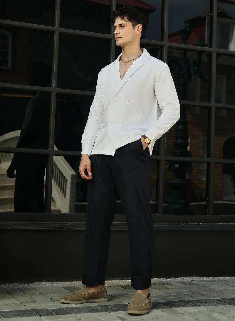Campus Sutra Campus Sutra Men's Daisy White Double-Breasted Moziac Shirt For Casual Wear | Lapel Collar | Long Cuffed Sleeves | Button Closure | Shirt Crafted With Comfort Fit For Everyday Wear