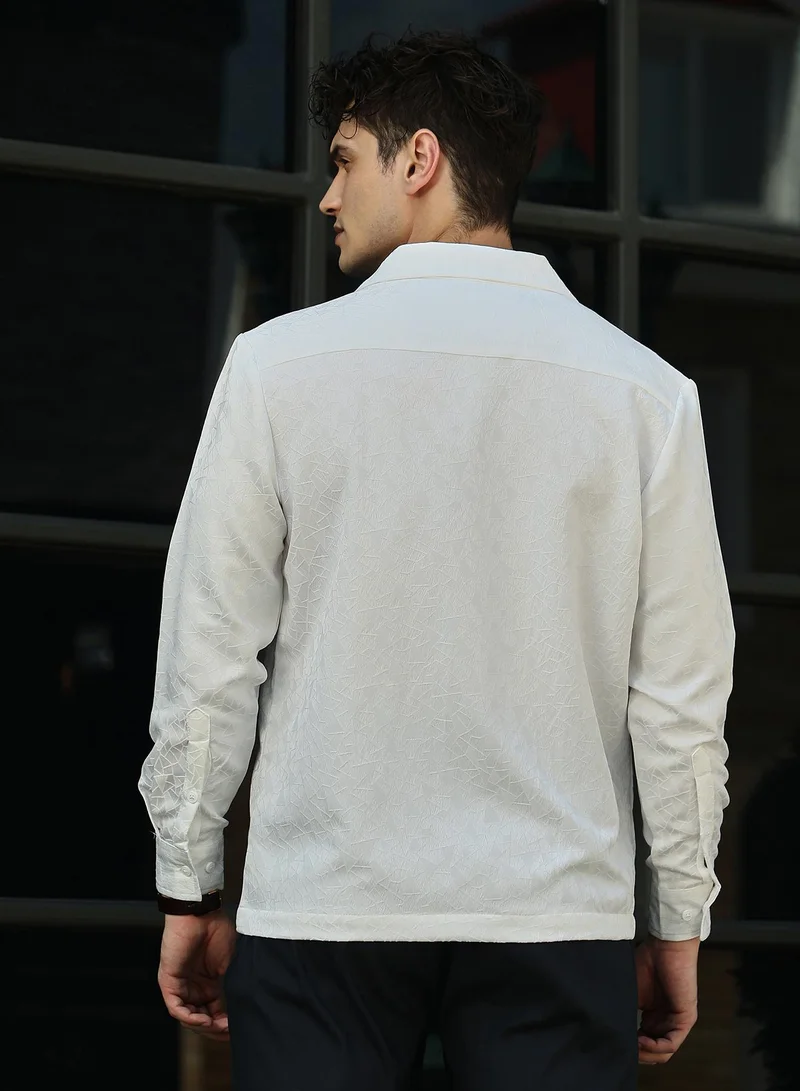 Campus Sutra Campus Sutra Men's Daisy White Double-Breasted Moziac Shirt For Casual Wear | Lapel Collar | Long Cuffed Sleeves | Button Closure | Shirt Crafted With Comfort Fit For Everyday Wear