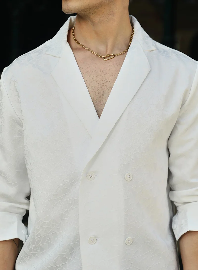 Campus Sutra Campus Sutra Men's Daisy White Double-Breasted Moziac Shirt For Casual Wear | Lapel Collar | Long Cuffed Sleeves | Button Closure | Shirt Crafted With Comfort Fit For Everyday Wear