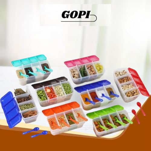 GOPI 4 section container for vegetables,dryfruits,spices,grocery,pickles,and multipurpose 4 in 1 box for kitchen & Storage Containers Airtight,Cereal 1800 ML with 4 Spoons - Multi, Plastic (Blue) - Image 2