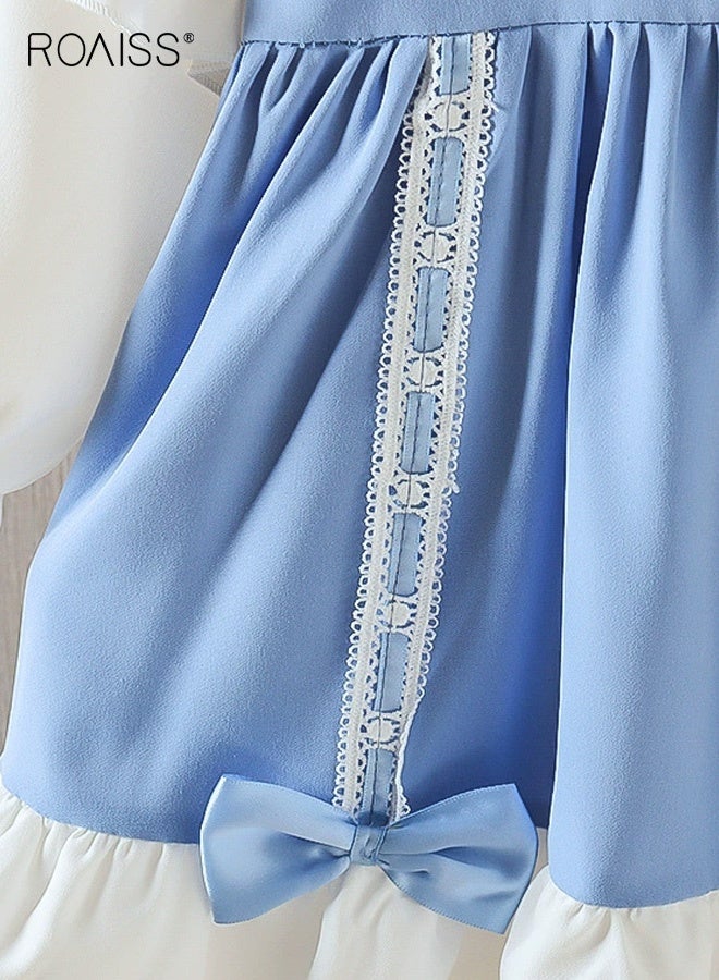 roaiss Toddler Girls Stylish Dress, Puff Sleeve Round Neck A-line Dress for Little Girls, Skin-friendly Breathable Frock with Bowknots, Suitable for Daily Wear and Outdoor Activities - Image 3