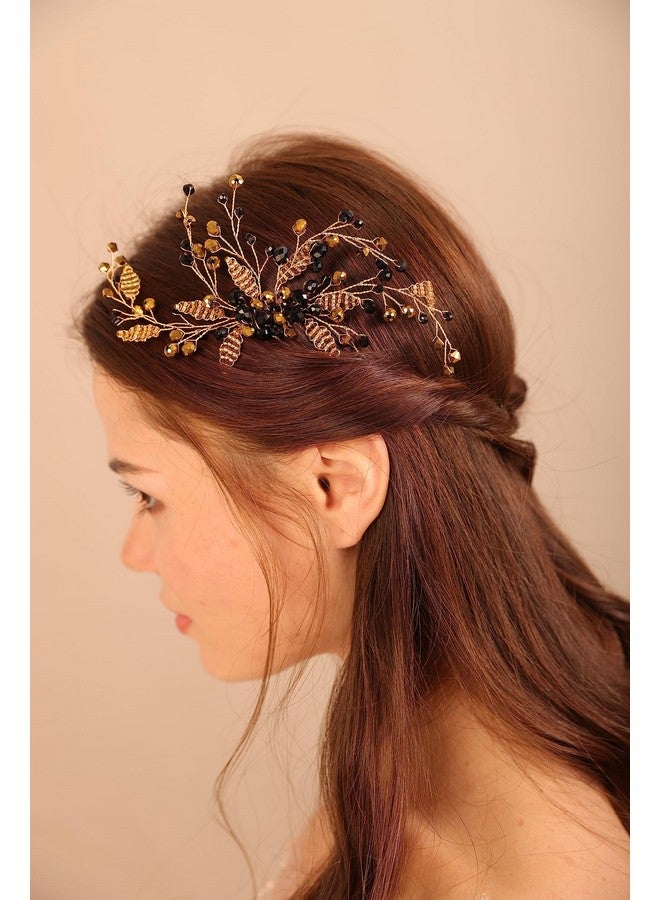 BERYUAN Hair Comb, Black Crystal Gold Beads Wedding Hair Piece, Elegant Hair Accessory for Brides Bridesmaid, Handmade Item, Boho Style, Delicate Jewelry for Women, Size 19*9cm, 26g - Image 2