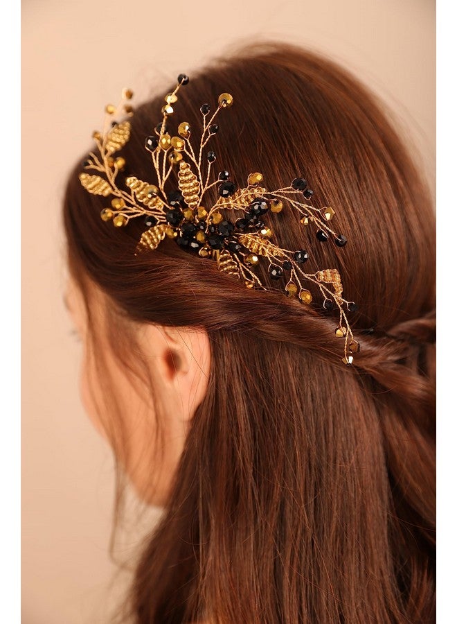 BERYUAN Hair Comb, Black Crystal Gold Beads Wedding Hair Piece, Elegant Hair Accessory for Brides Bridesmaid, Handmade Item, Boho Style, Delicate Jewelry for Women, Size 19*9cm, 26g - Image 1
