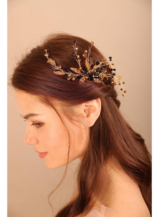 BERYUAN Hair Comb, Black Crystal Gold Beads Wedding Hair Piece, Elegant Hair Accessory for Brides Bridesmaid, Handmade Item, Boho Style, Delicate Jewelry for Women, Size 19*9cm, 26g - Image 3