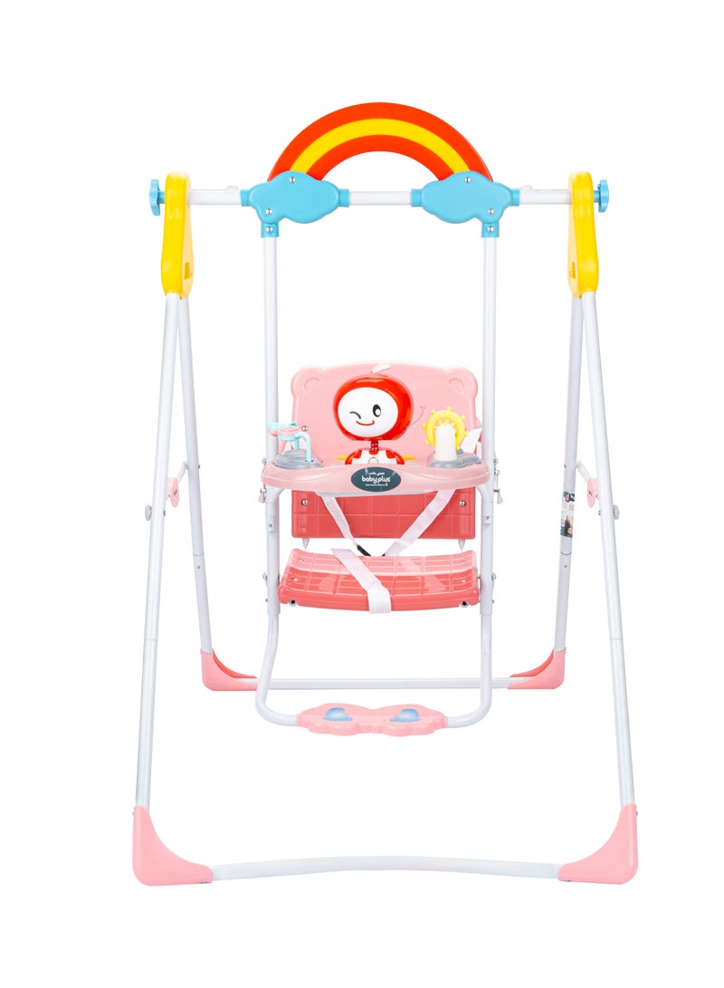 BABY PLUS Rainbow Baby Swing with Toy Tray, Safety Belt, and Vibrant Pink Design – Perfect for Indoor & Outdoor Fun  - Image 1