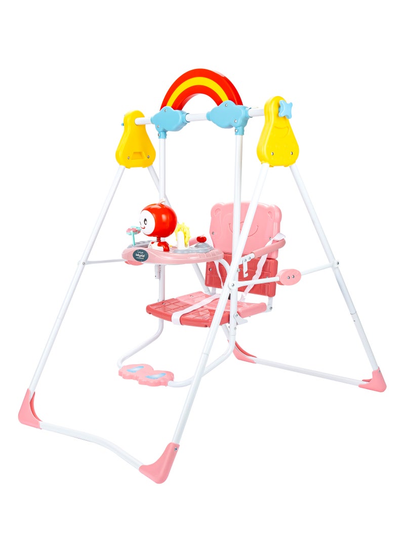 BABY PLUS Rainbow Baby Swing with Toy Tray, Safety Belt, and Vibrant Pink Design – Perfect for Indoor & Outdoor Fun  - Image 2