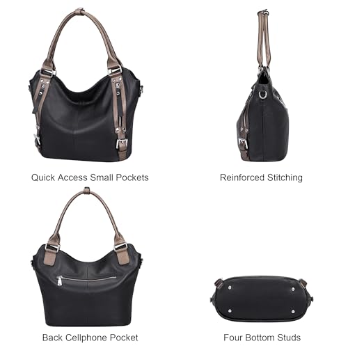 Over Earth Genuine Leather Handbags for Women Hobo Shoulder Bags Ladies Tote Bag(O172E Black/Bronze) - Image 3