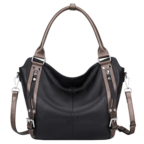 Over Earth Genuine Leather Handbags for Women Hobo Shoulder Bags Ladies Tote Bag(O172E Black/Bronze) - Image 1