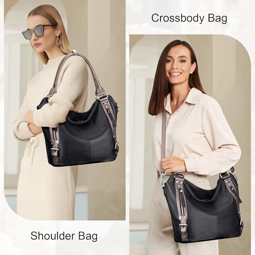 Over Earth Genuine Leather Handbags for Women Hobo Shoulder Bags Ladies Tote Bag(O172E Black/Bronze) - Image 2