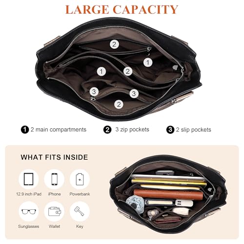 Over Earth Genuine Leather Handbags for Women Hobo Shoulder Bags Ladies Tote Bag(O172E Black/Bronze) - Image 5