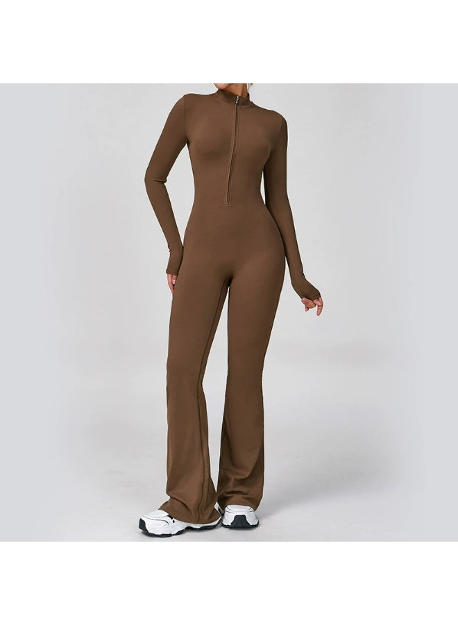 general Women's long-sleeved fitness yoga workout jumpsuit with zipper, flared pants, tight set - Image 1