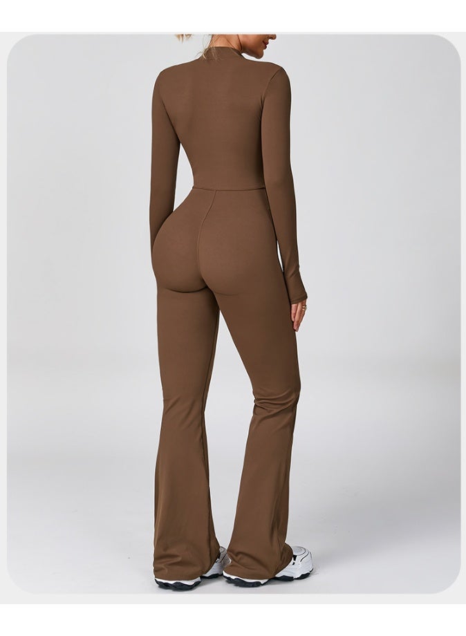 general Women's long-sleeved fitness yoga workout jumpsuit with zipper, flared pants, tight set - Image 2