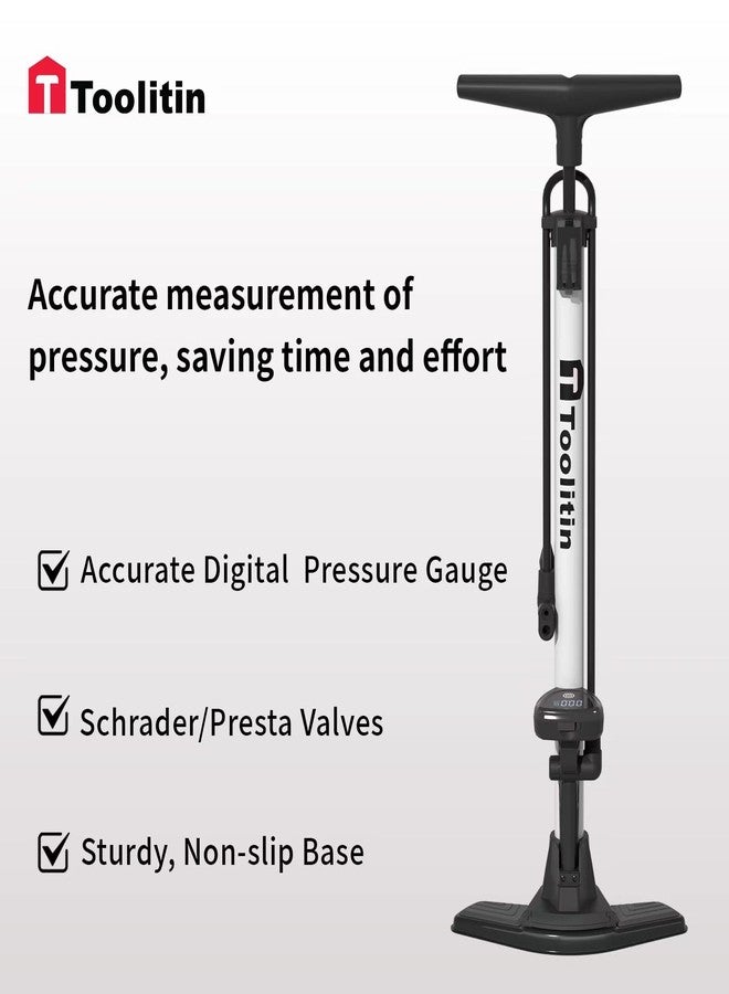 TOOLITIN Bike Pump with Precision Digital Pressure Gauge,Floor Bicycle Tire Pump Compatible with Presta and Schrader Valve, Air Pump for Bicycle, Balls, Scooter, etc. - Image 4
