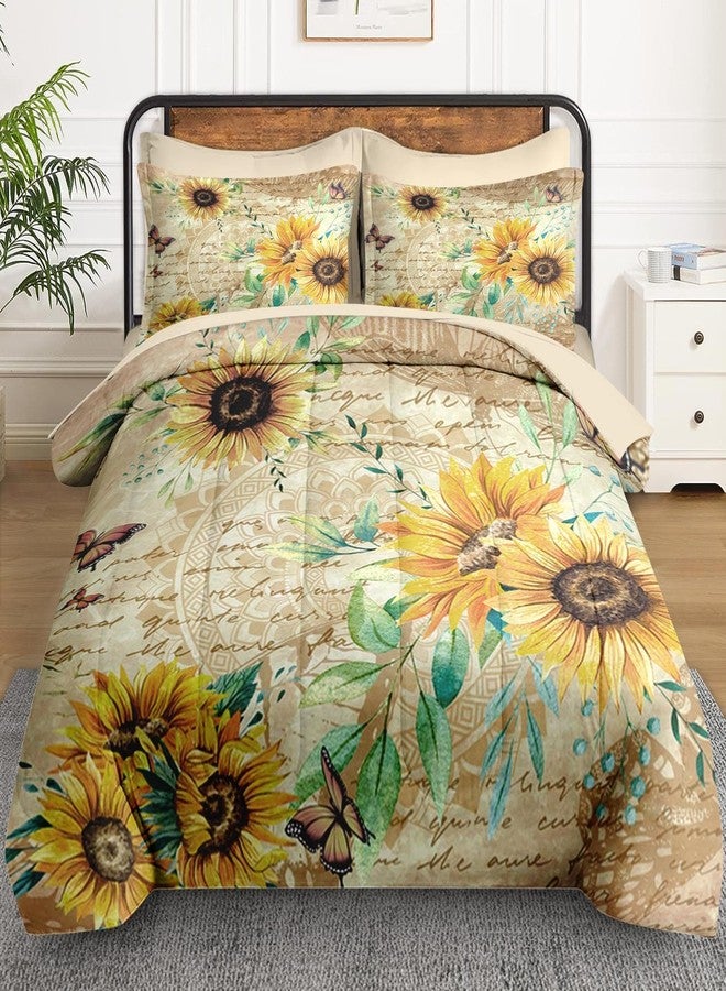 WeCozy 7 Pcs Queen Size Comforter Set with 2 Pillowcases & 2 Shams, Sunflower Floral Yellow Bedding for Kids and Adults, Flower Rustic Thanksgiving Bed in a Bag with Flat Fitted Sheet - Image 2