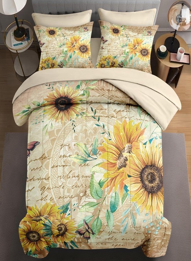 WeCozy 7 Pcs Queen Size Comforter Set with 2 Pillowcases & 2 Shams, Sunflower Floral Yellow Bedding for Kids and Adults, Flower Rustic Thanksgiving Bed in a Bag with Flat Fitted Sheet - Image 1