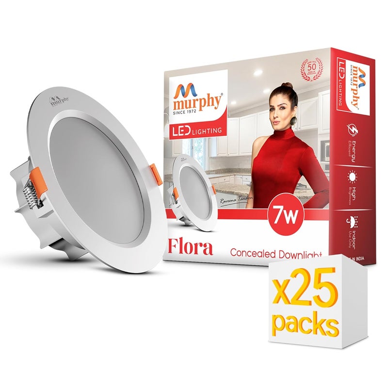 MURPHY Polycarbonate Flora 7W LED Down Light, Cool White Light, Round, Pack of 25, Recessed Ceiling LED Light, Suited for 3 inch Junction Box (2 Years Warranty) - Image 1