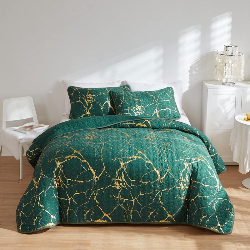 HAVOP Bedspread Double Size Green Quilted Bedspread Gold Marble Printed Luxury Soft Microfiber Bedspreads Coverlet All Season Bedding Set