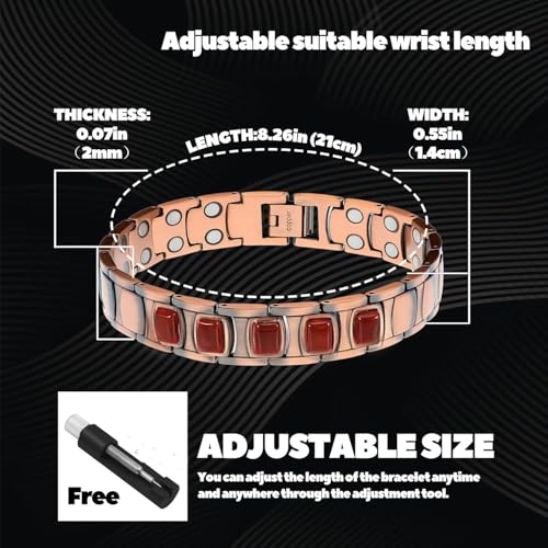 EDMIRIA 99.99% Pure Copper Magnetic Bracelet – Double-Row 3500 Gauss Therapy Bracelet for Pain Relief & Wellness, Red Agate Stone (Style 8) - Image 2