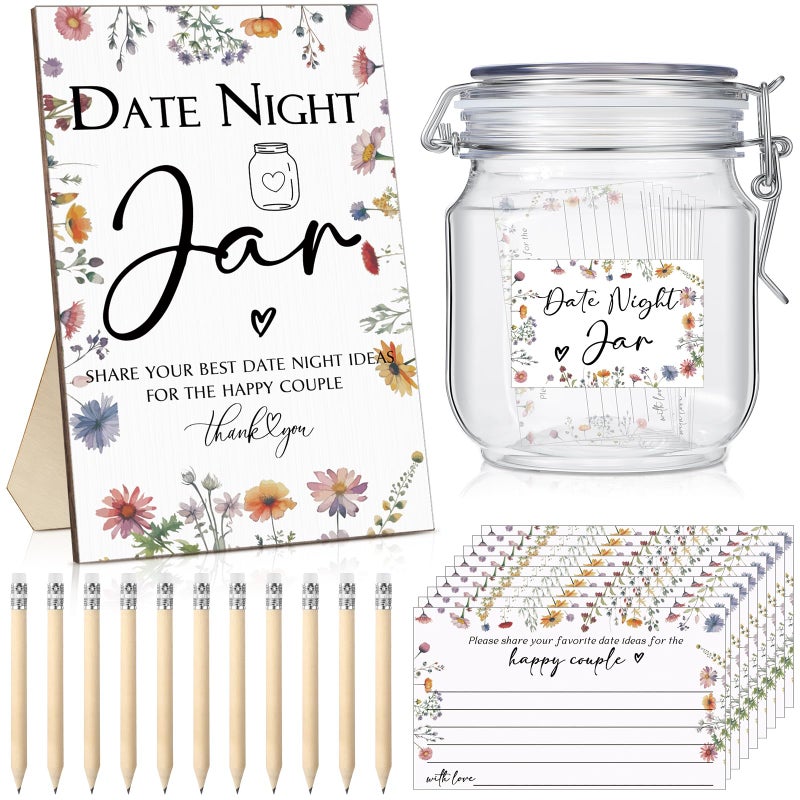 Geelin 114 Pcs Bridal Shower Games Include Date Night Jar Wooden Sign 100 Cards 10 HB Pencils 2 Stickers for Fresh off The Market Wedding Reception Games Date Idea Party Favor Decoration Wildflower - Image 2
